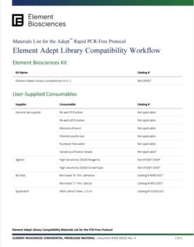 Element Adept Library Compatibility Workflow Materials List for the Rapid PCR-Free Protocol (MA-00035)