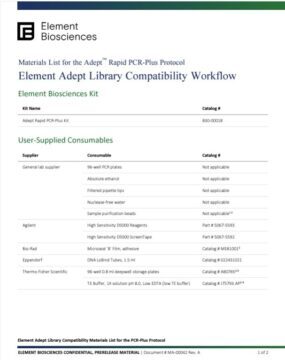 Element Adept Library Compatibility Workflow Materials List for the Rapid PCR-Plus Protocol (MA-00042)