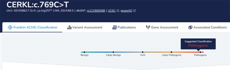 Figure 2: Genoox Franklin reports a CERKL gene mutation as a highly prioritized variant.